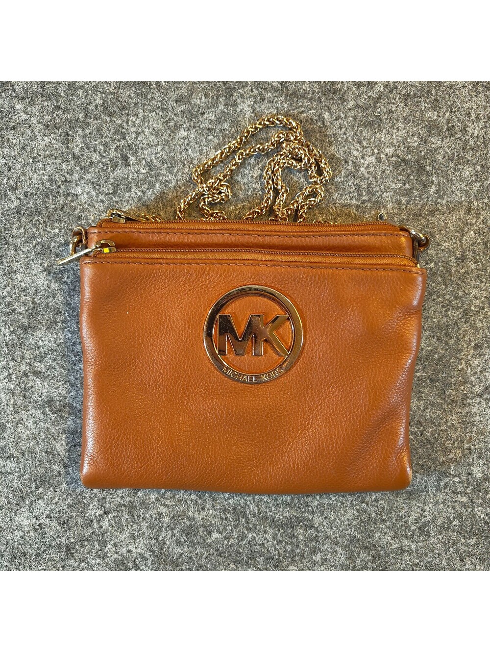 Michael Kors Brown Leather Crossbody Bag Wallet On Chain MK Logo Clutch Purse